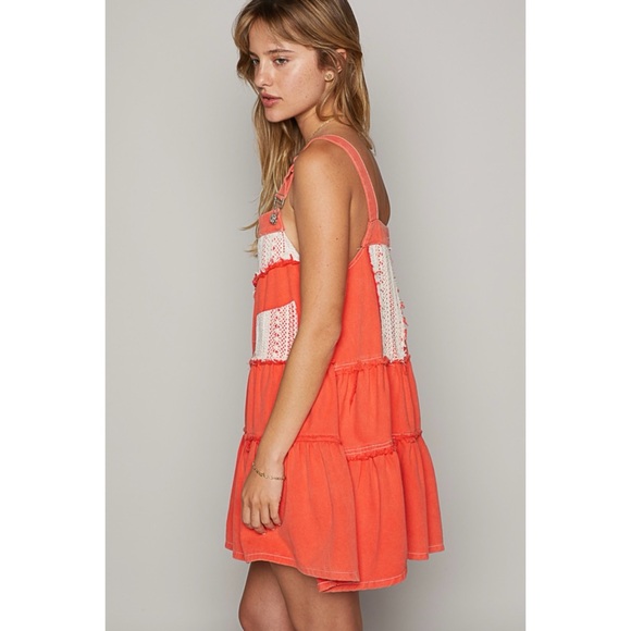 POL Coral Red Denim & Crochet Patch Tiered Skirtall Mini Dress - Picture 4 of 8